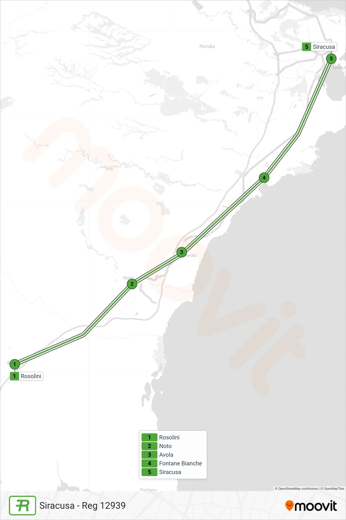 Linea REG treno (Siracusa - Reg 12939) - Percorsi e fermate sulla mappa