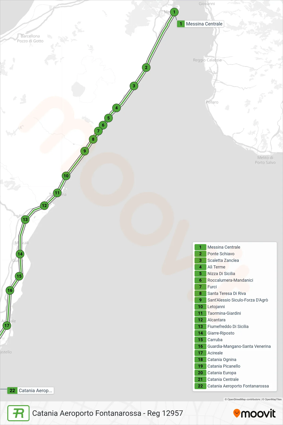 Linea REG  treno (Catania Aeroporto Fontanarossa - Reg 12957) - Percorsi e fermate sulla mappa