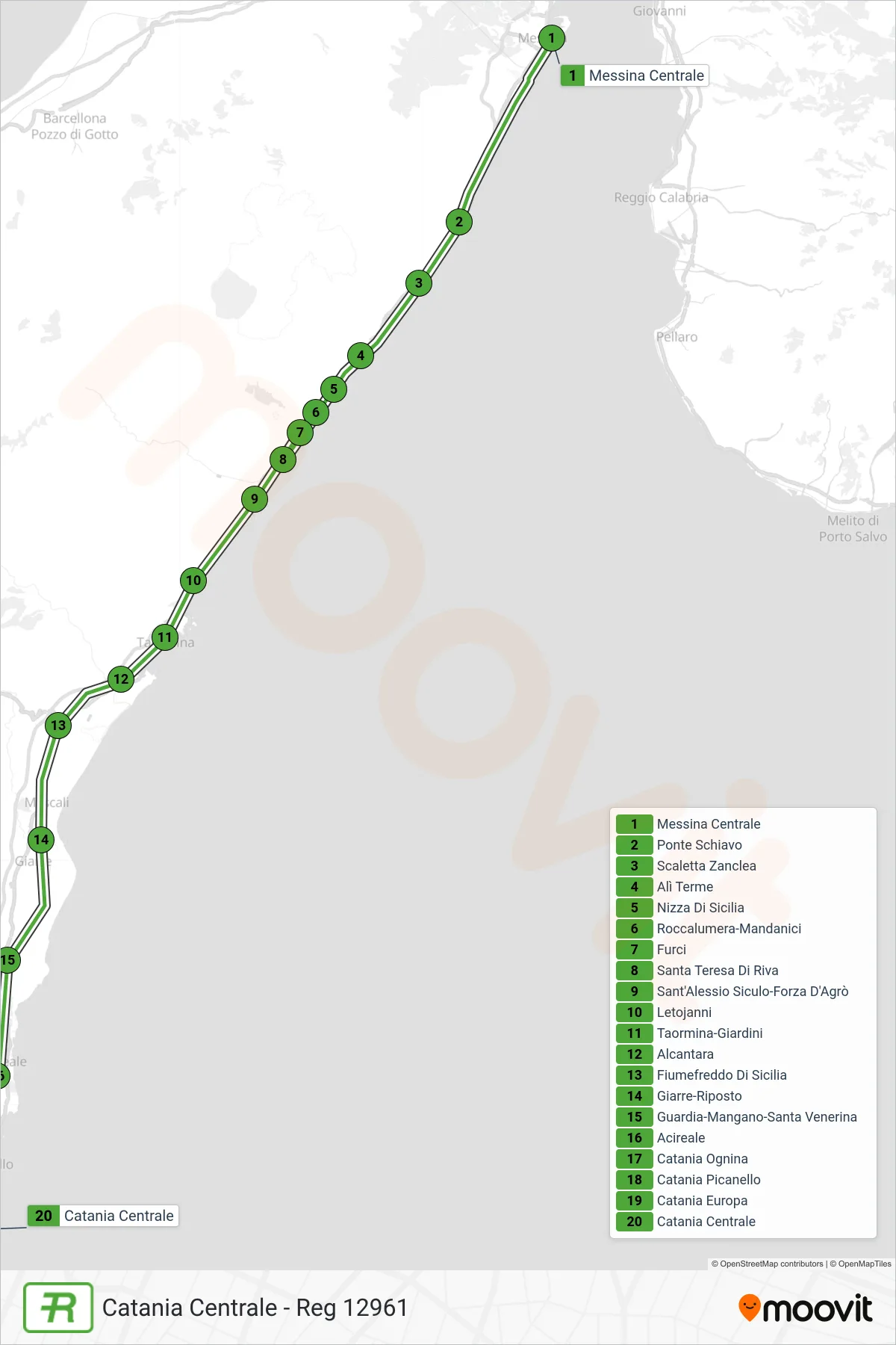 Linea REG treno (Catania Centrale - Reg 12961) - Percorsi e fermate sulla mappa