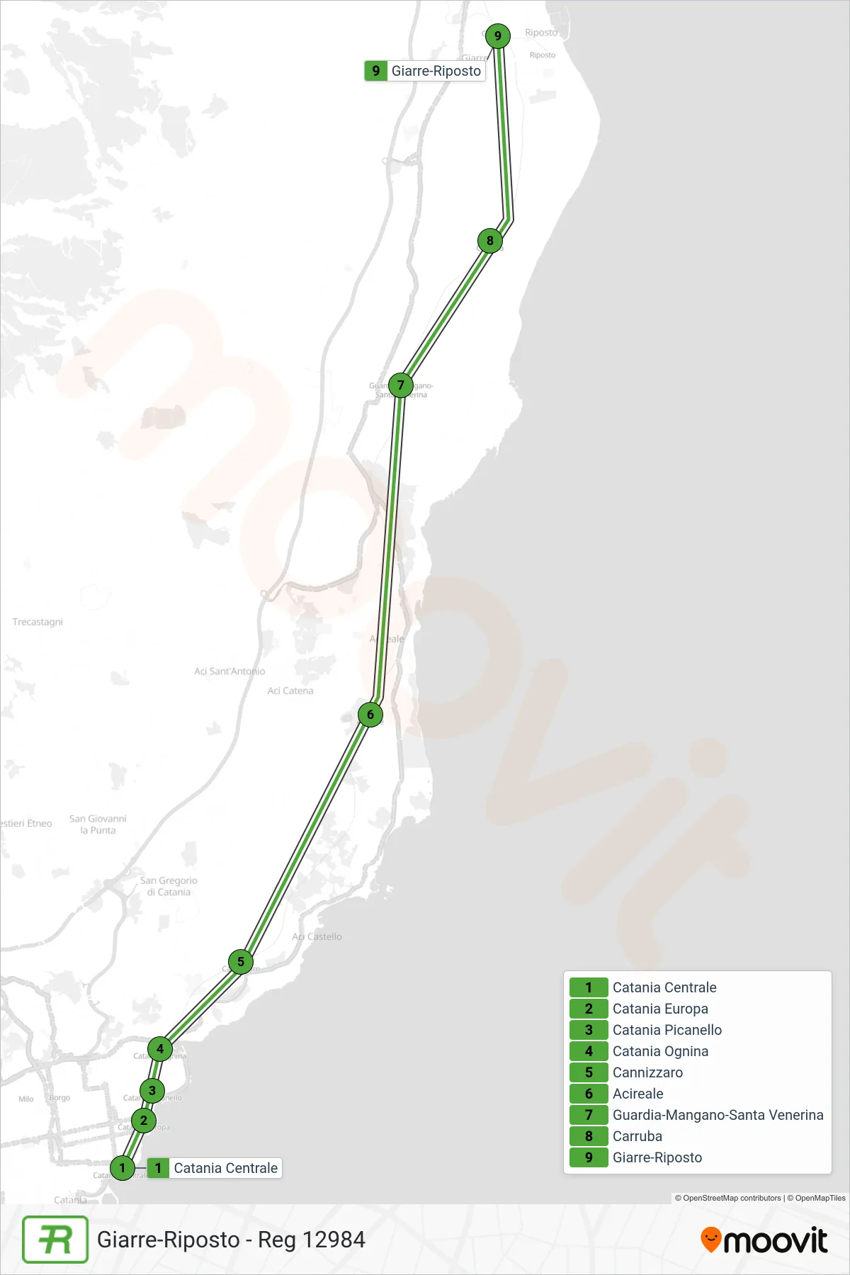 Linea REG treno (Giarre-Riposto - Reg 12984) - Percorsi e fermate sulla mappa