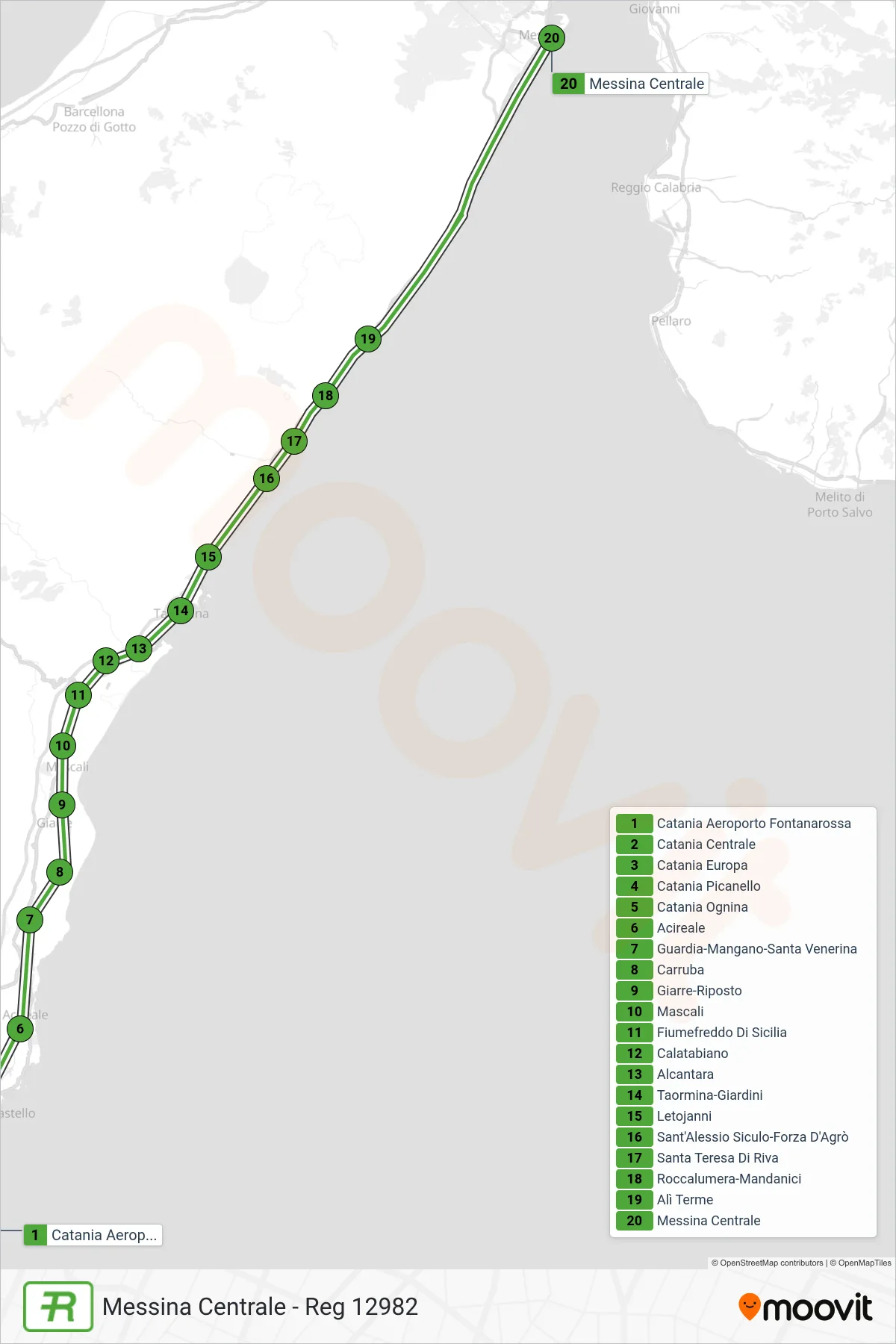 Linea REG  treno (Messina Centrale - Reg 12982) - Percorsi e fermate sulla mappa