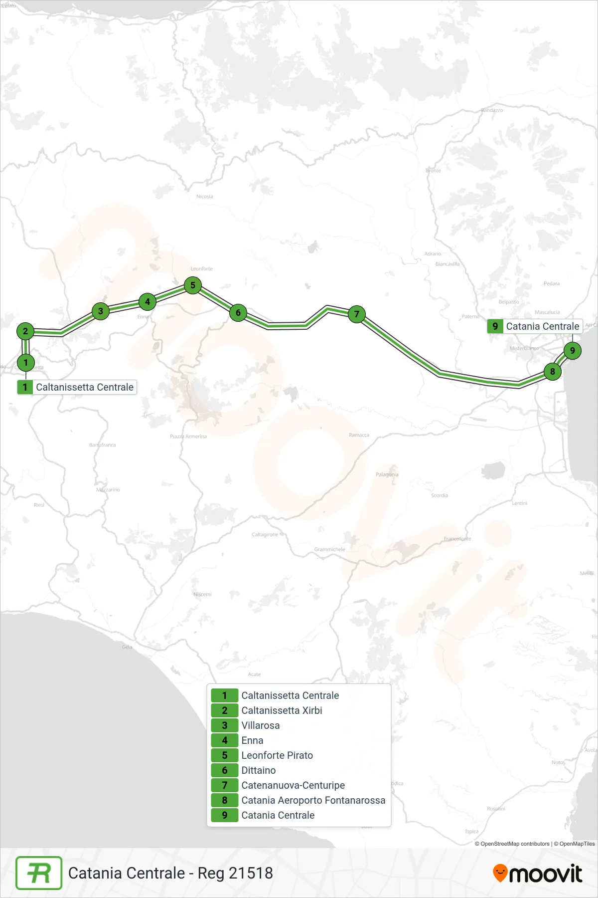 Linea REG treno (Catania Centrale - Reg 21518) - Percorsi e fermate sulla mappa