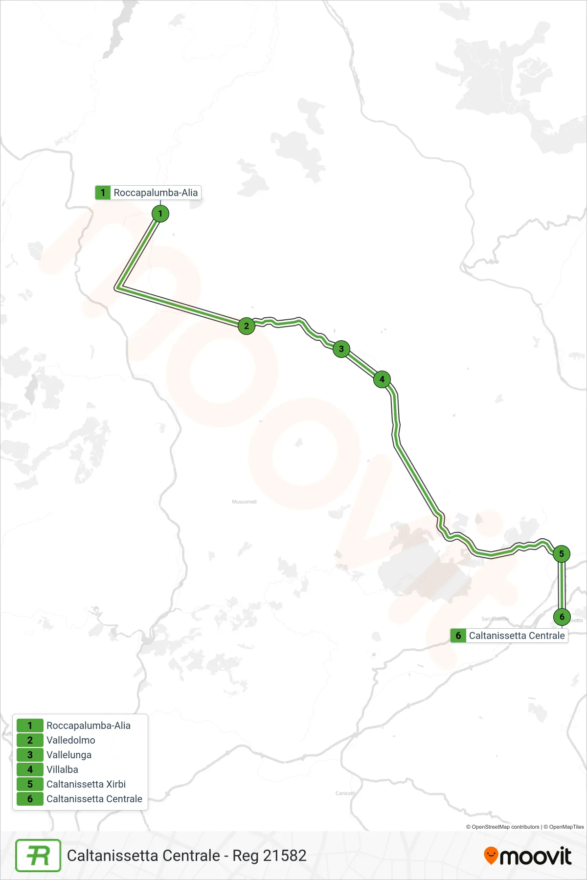 Linea REG  treno (Caltanissetta Centrale - Reg 21582) - Percorsi e fermate sulla mappa