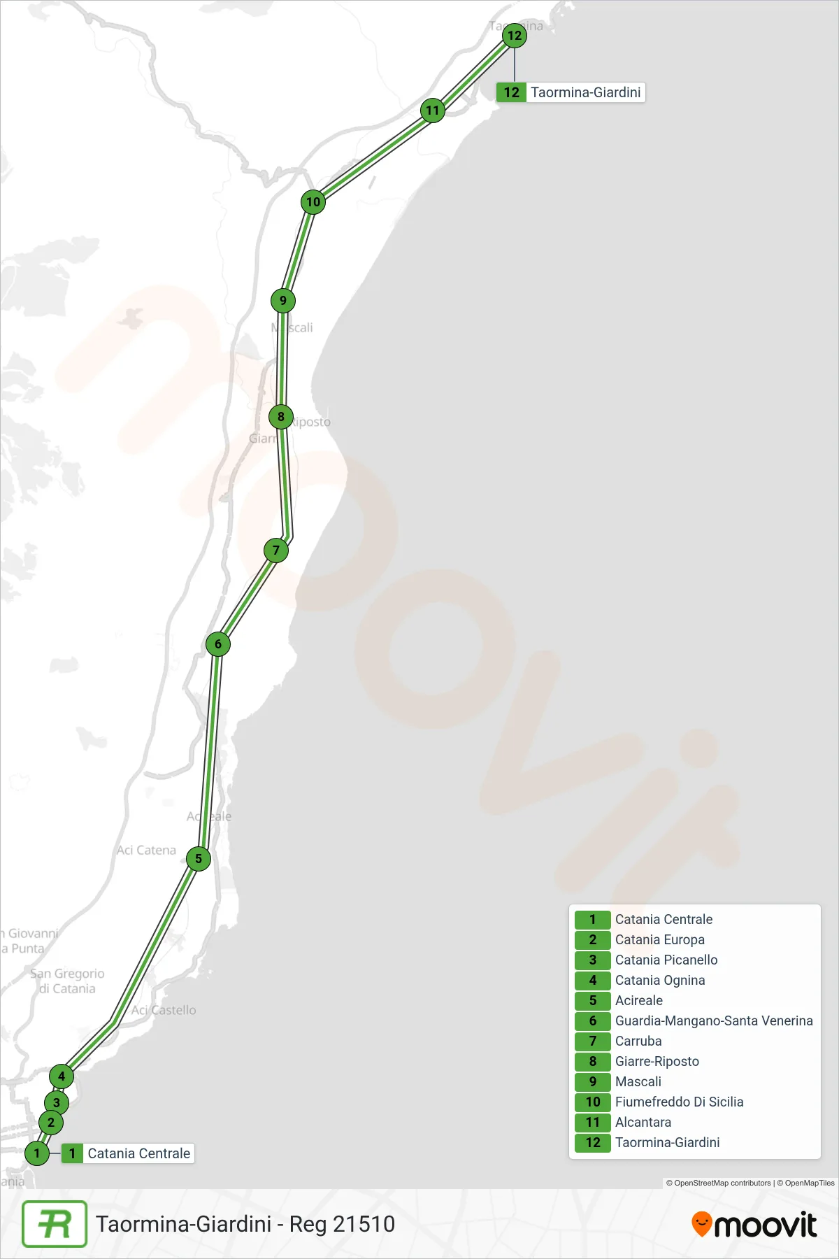 Linea REG treno (Taormina-Giardini - Reg 21510) - Percorsi e fermate sulla mappa
