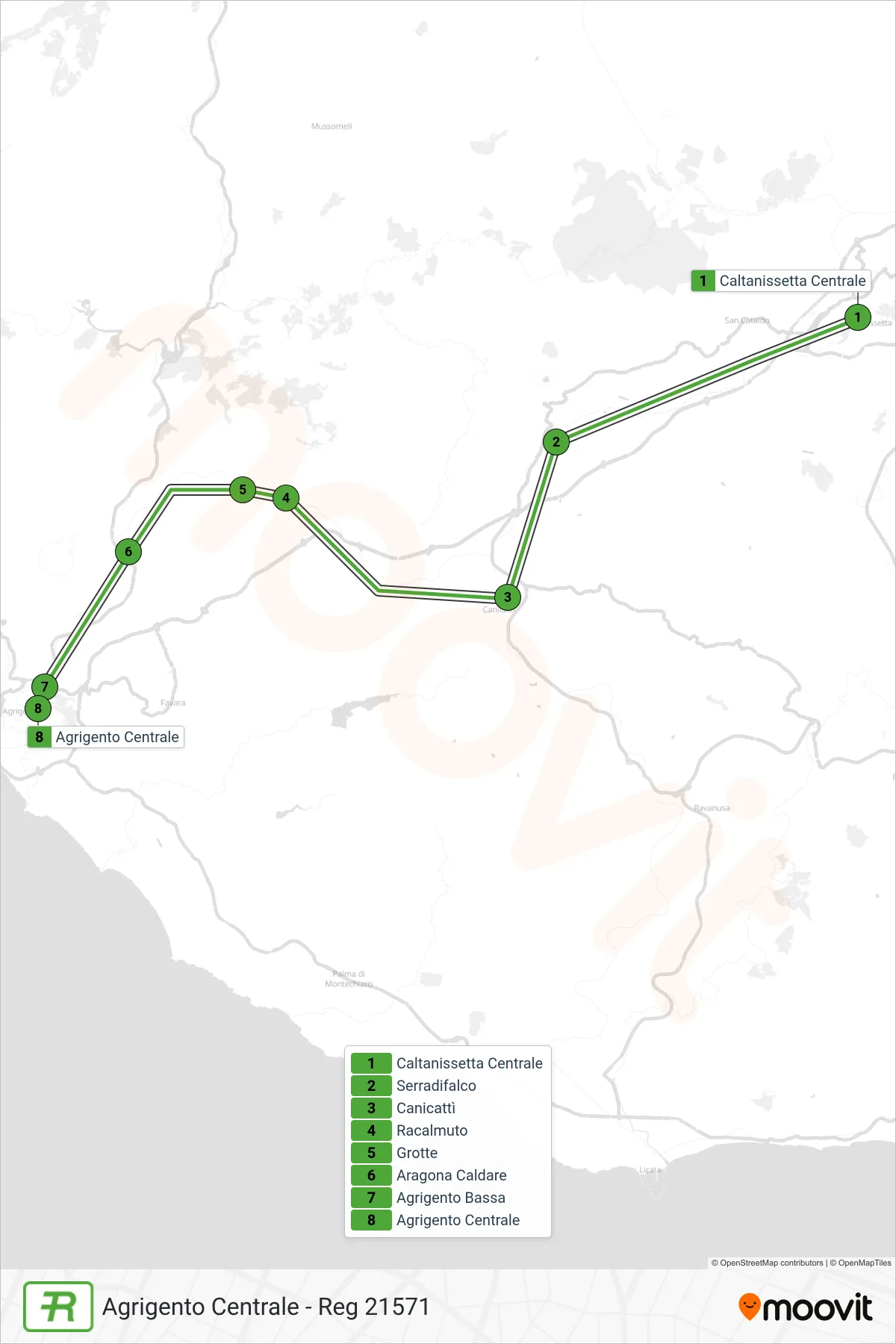 Linea REG treno (Agrigento Centrale - Reg 21571) - Percorsi e fermate sulla mappa