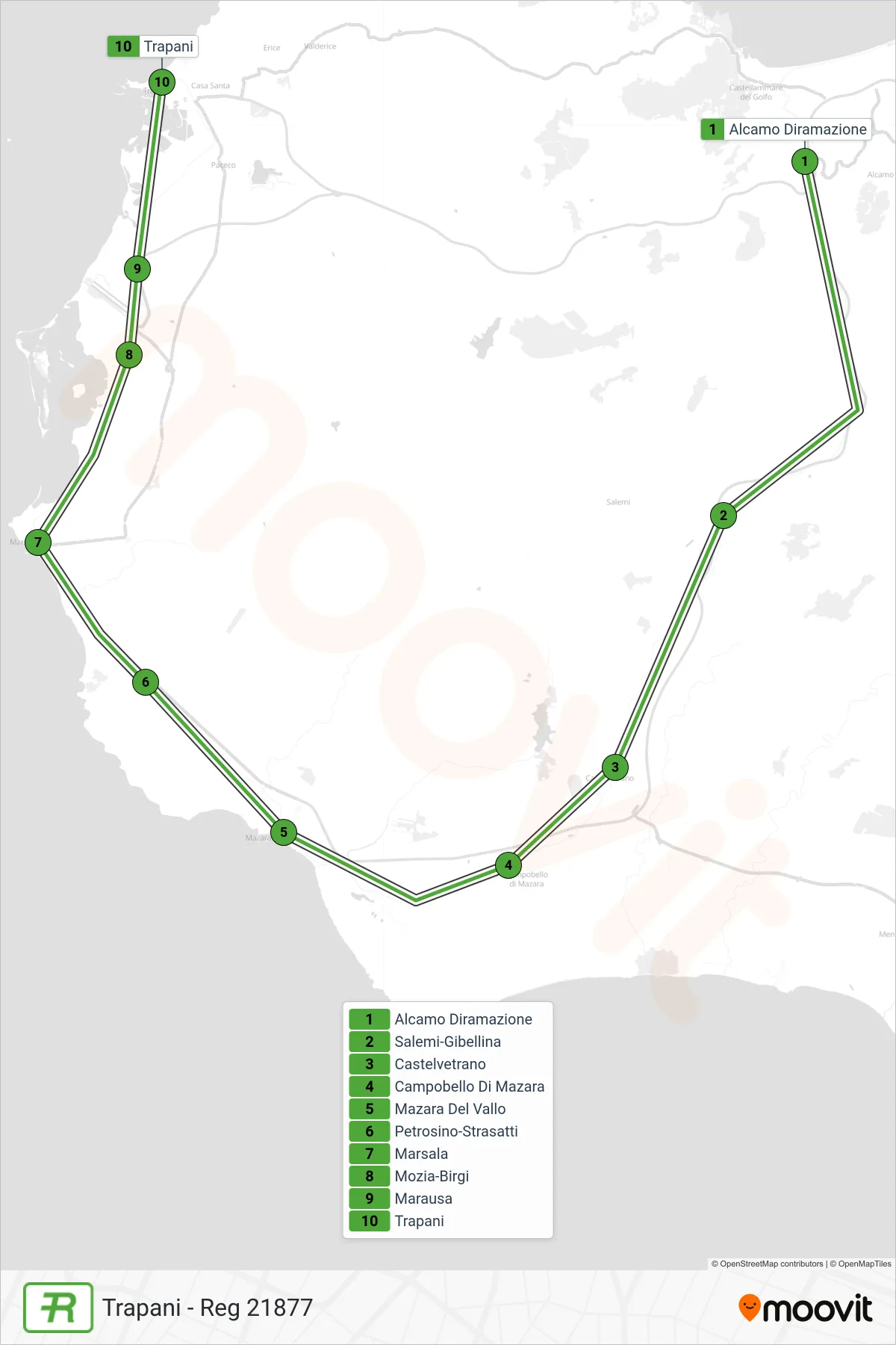 Linea REG treno (Trapani - Reg 21877) - Percorsi e fermate sulla mappa