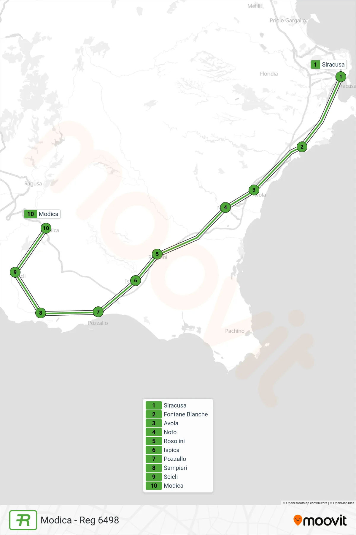 Linea REG  treno (Modica - Reg 6498) - Percorsi e fermate sulla mappa