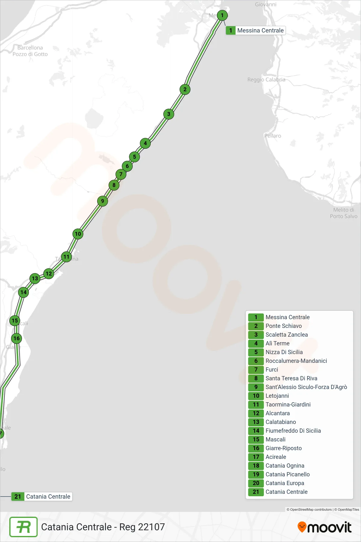 Linea REG treno (Catania Centrale - Reg 22107) - Percorsi e fermate sulla mappa