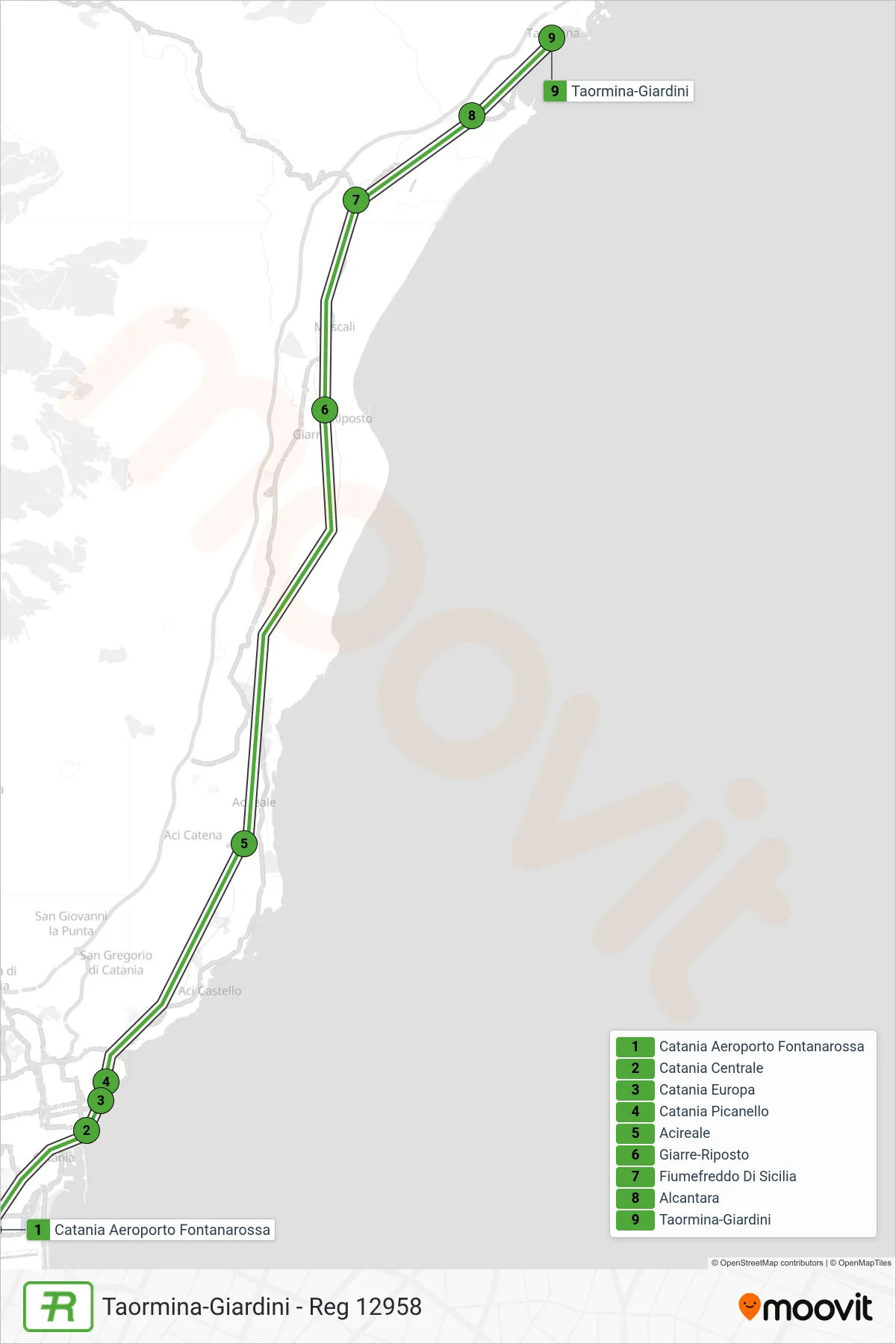 Linea REG treno (Taormina-Giardini - Reg 12958) - Percorsi e fermate sulla mappa