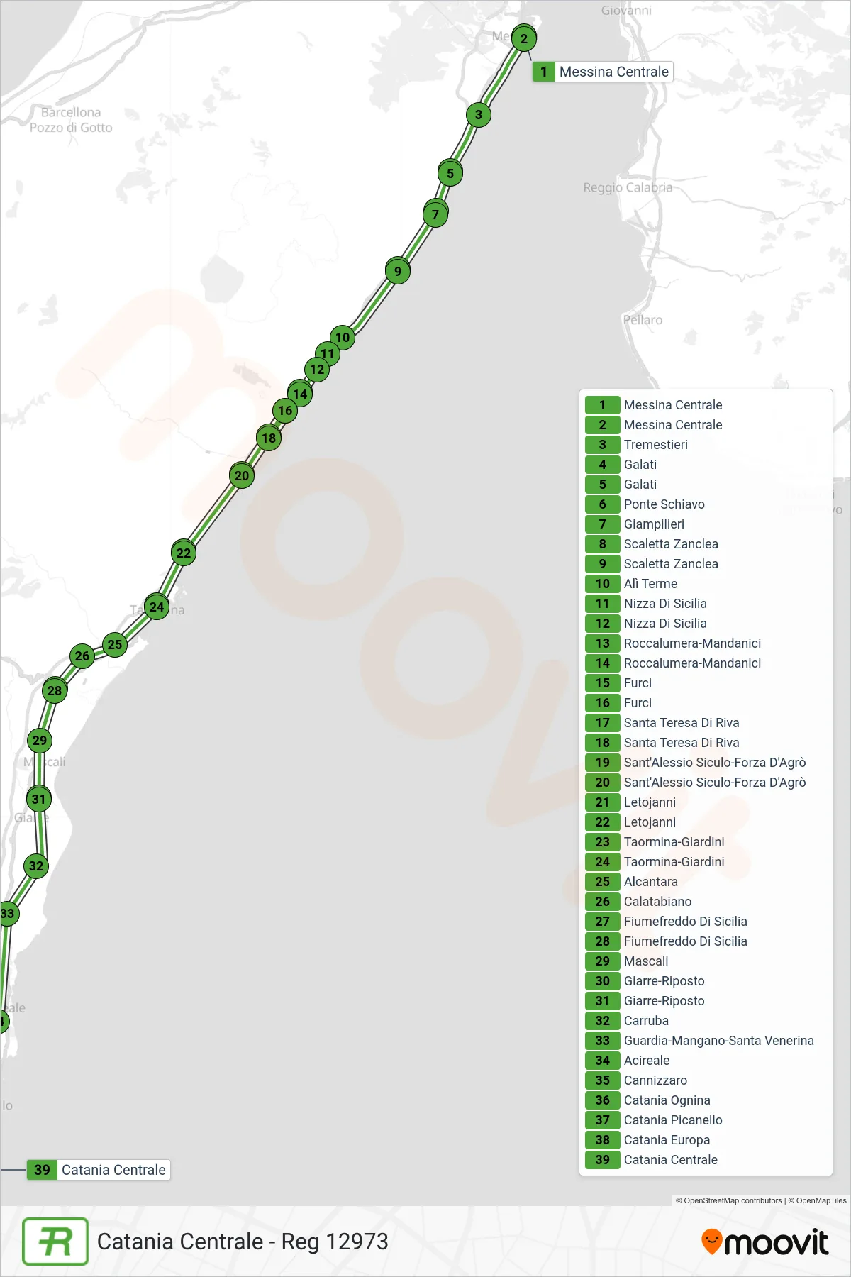 Linea REG treno (Catania Centrale - Reg 12973) - Percorsi e fermate sulla mappa