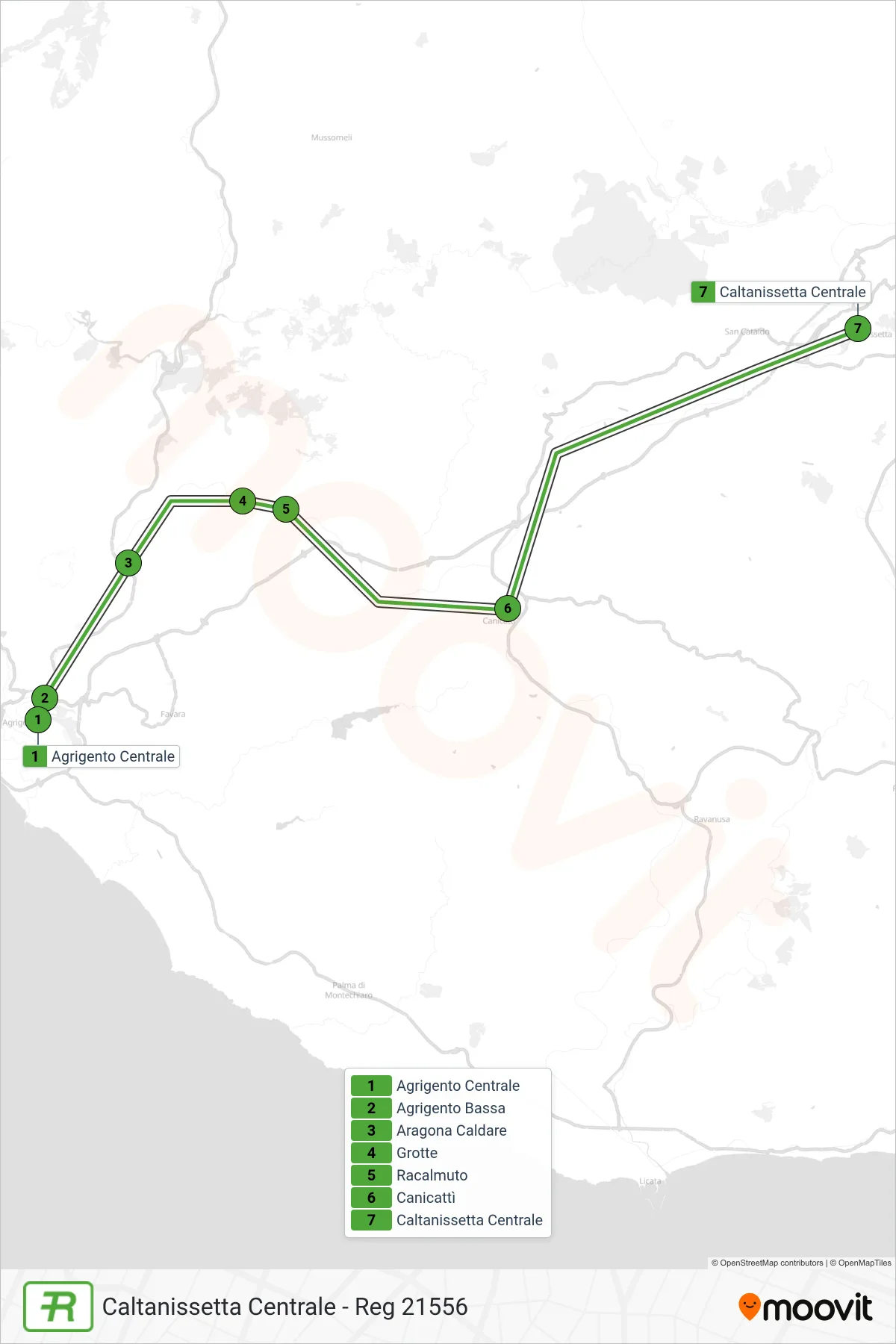 Linea REG treno (Caltanissetta Centrale - Reg 21556) - Percorsi e fermate sulla mappa