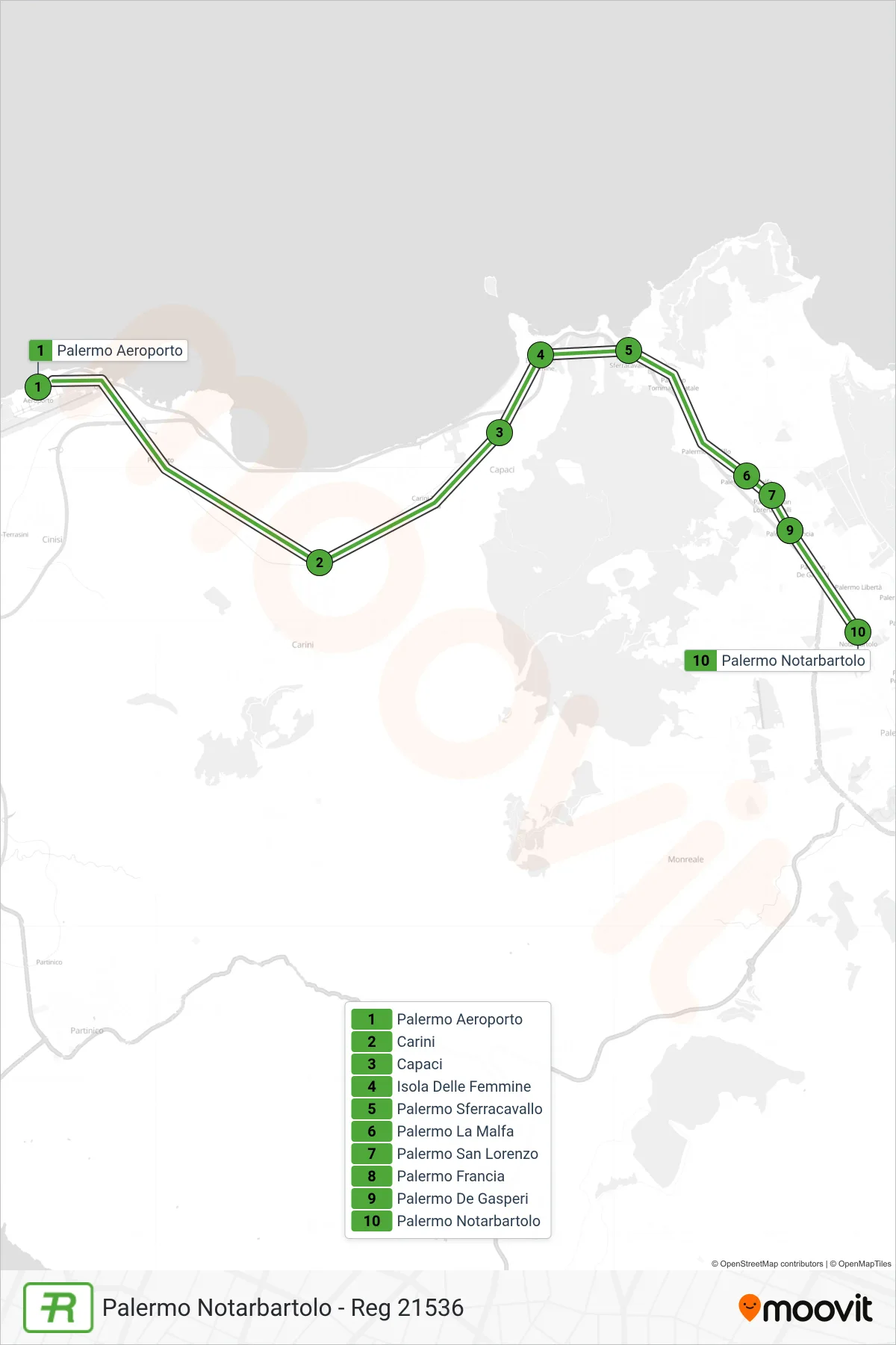 Linea REG treno (Palermo Notarbartolo - Reg 21536) - Percorsi e fermate sulla mappa