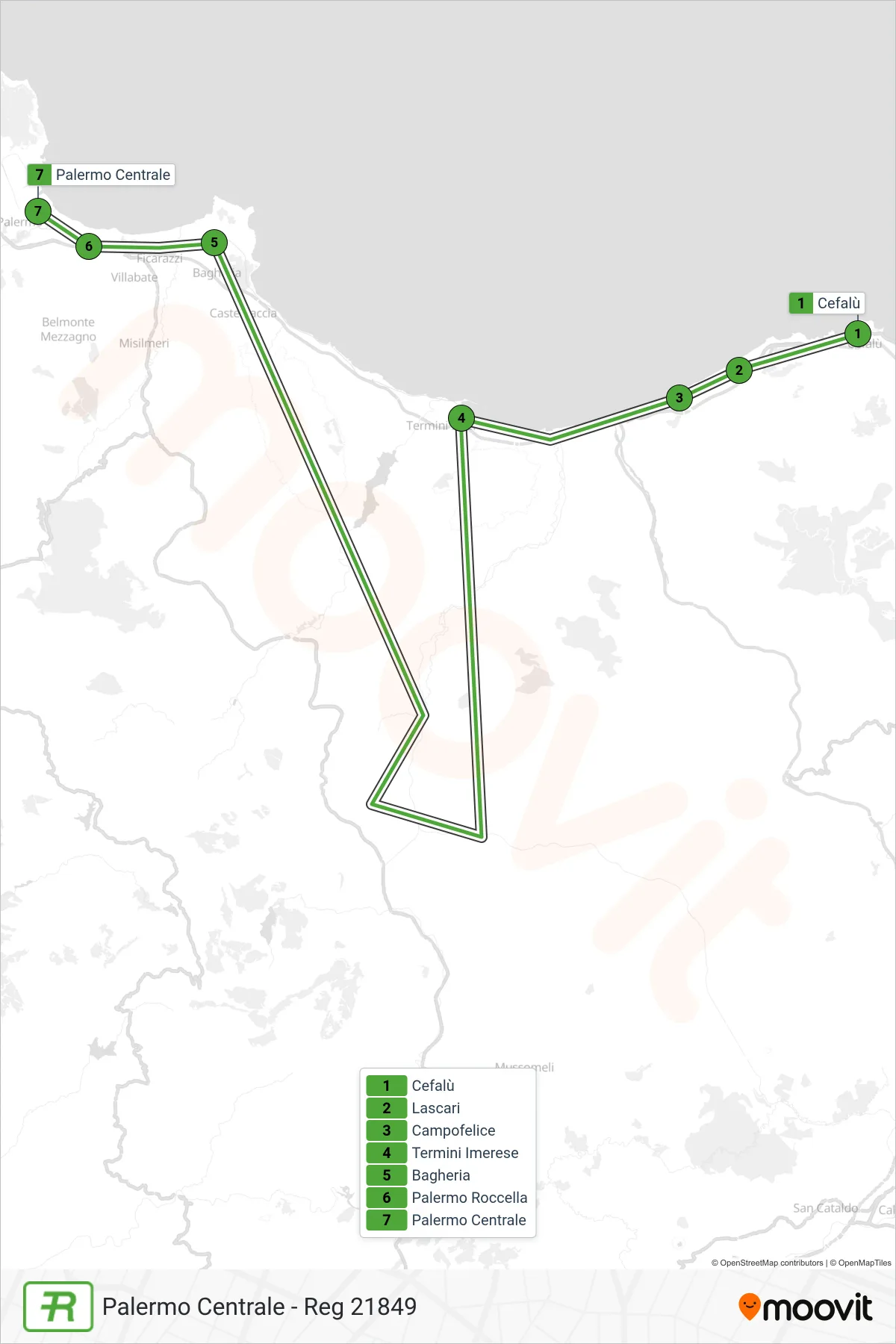 Linea REG treno (Palermo Centrale - Reg 21849) - Percorsi e fermate sulla mappa