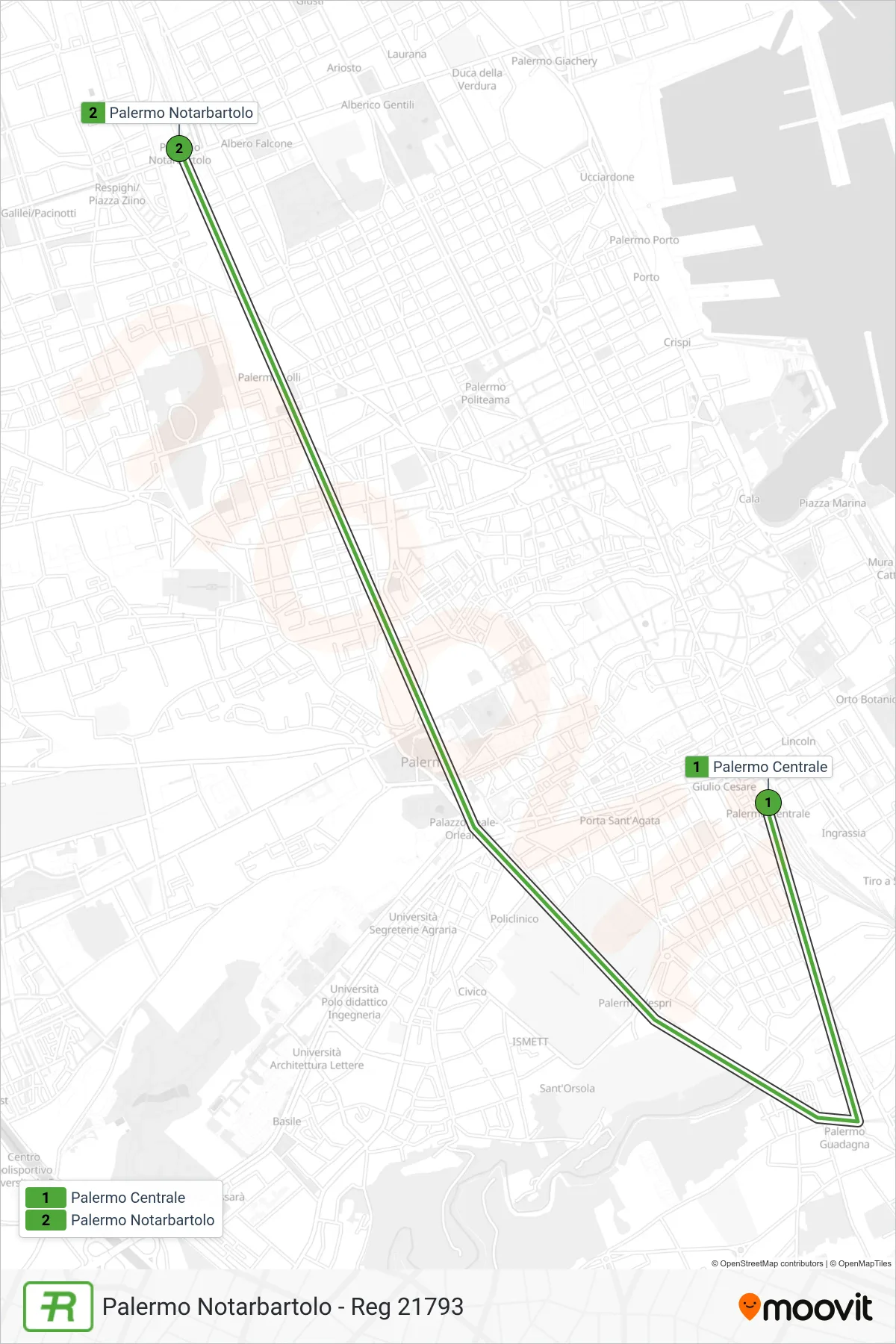 Linea REG treno (Palermo Notarbartolo - Reg 21793) - Percorsi e fermate sulla mappa