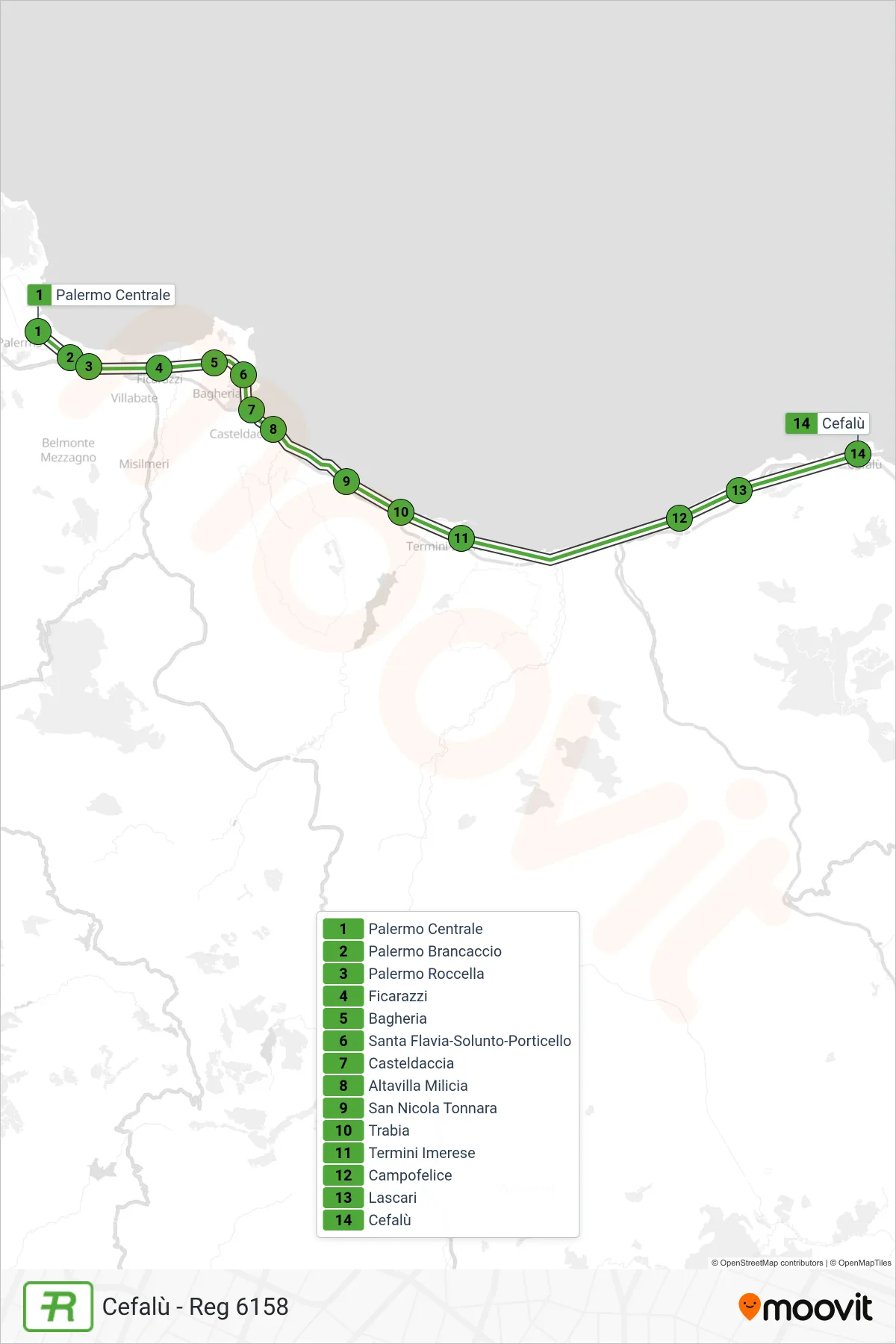 Linea REG treno (Cefalù - Reg 6158) - Percorsi e fermate sulla mappa