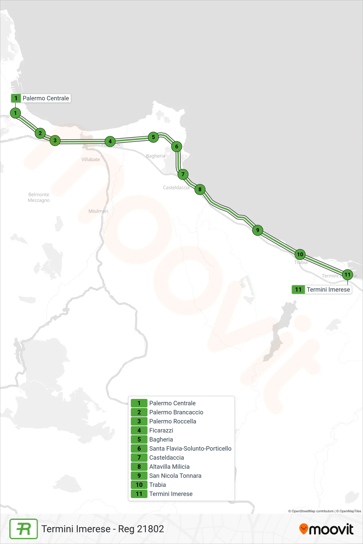 Linea REG treno (Termini Imerese - Reg 21802) - Percorsi e fermate sulla mappa
