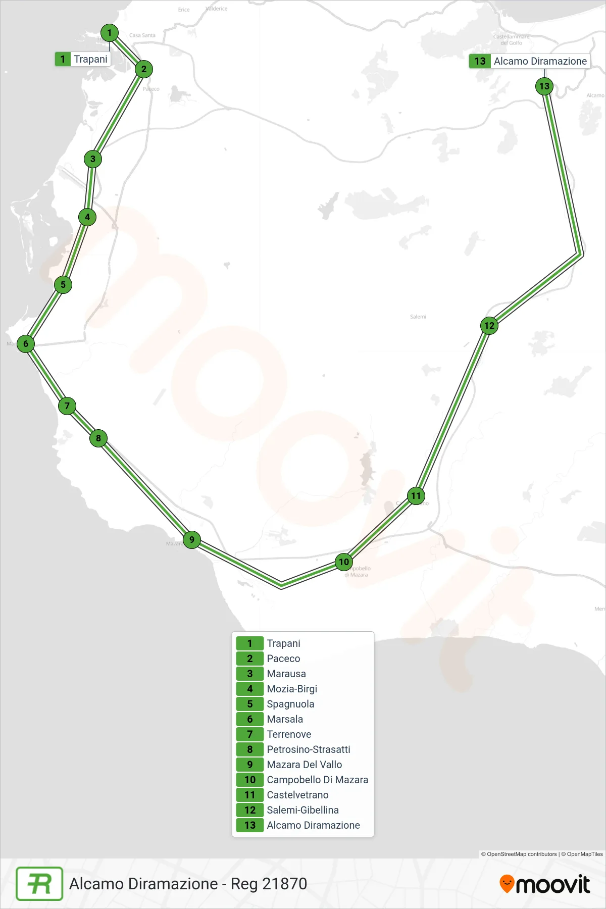 Linea REG treno (Alcamo Diramazione - Reg 21870) - Percorsi e fermate sulla mappa