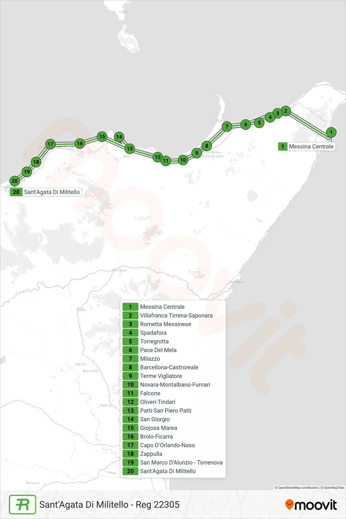 Linea REG treno (Sant'Agata Di Militello - Reg 22305) - Percorsi e fermate sulla mappa