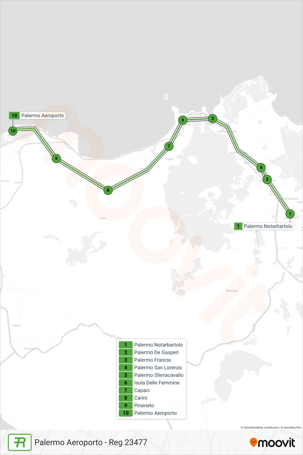 Linea REG treno (Palermo Aeroporto - Reg 23477) - Percorsi e fermate sulla mappa