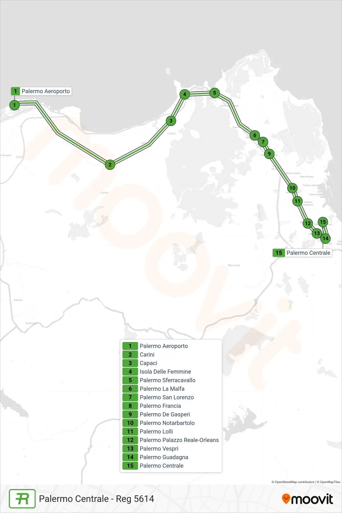 Linea REG treno (Palermo Centrale - Reg 5614) - Percorsi e fermate sulla mappa