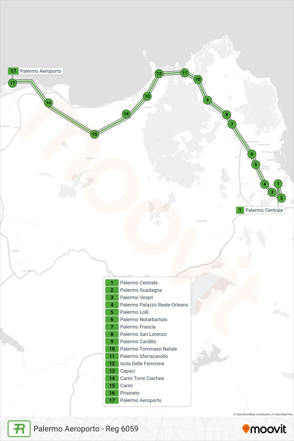 Linea REG treno (Palermo Aeroporto - Reg 6059) - Percorsi e fermate sulla mappa