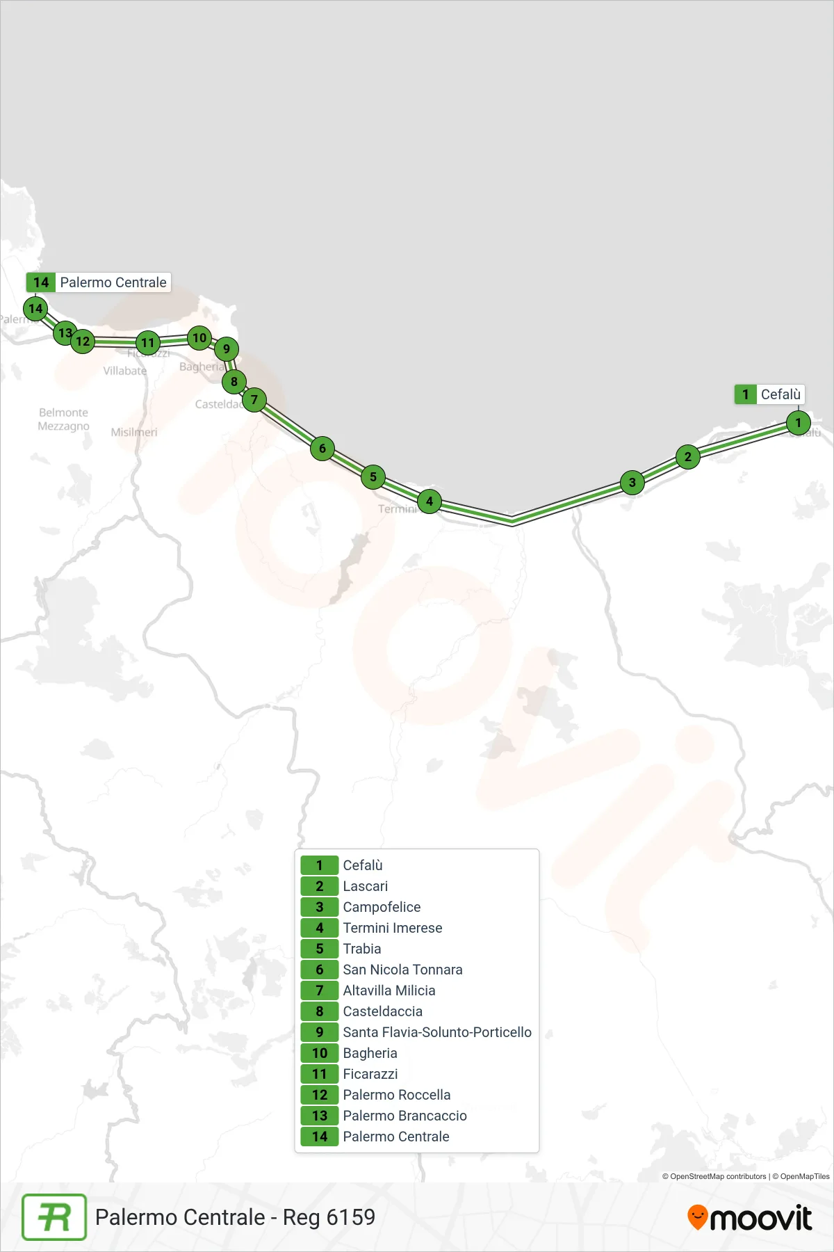 Linea REG  treno (Palermo Centrale - Reg 6159) - Percorsi e fermate sulla mappa