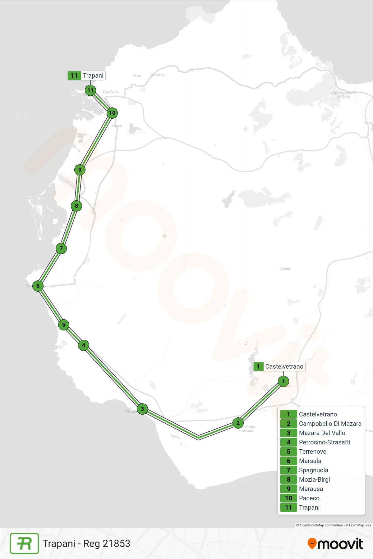 Linea REG treno (Trapani - Reg 21853) - Percorsi e fermate sulla mappa