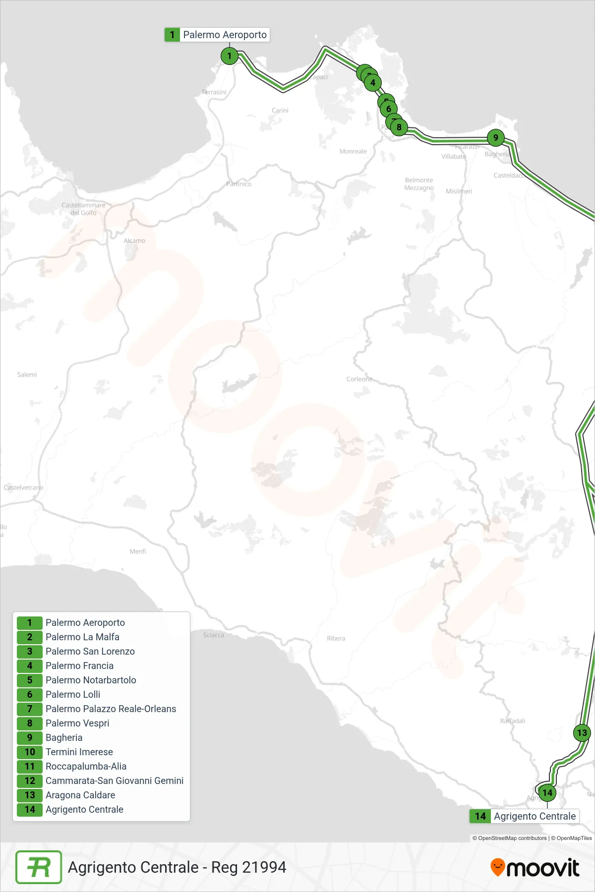 Linea REG treno (Agrigento Centrale - Reg 21994) - Percorsi e fermate sulla mappa