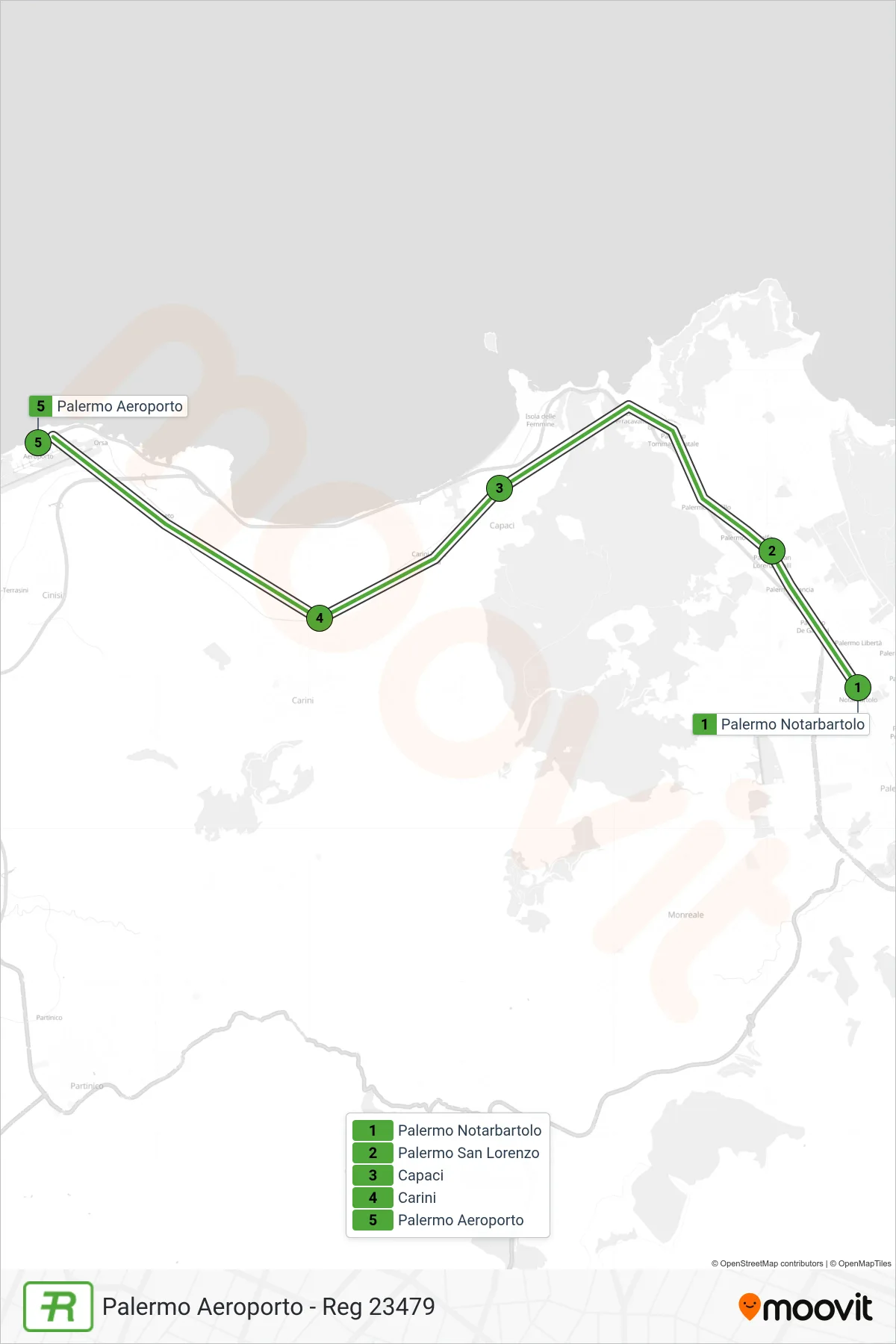 Linea REG treno (Palermo Aeroporto - Reg 23479) - Percorsi e fermate sulla mappa