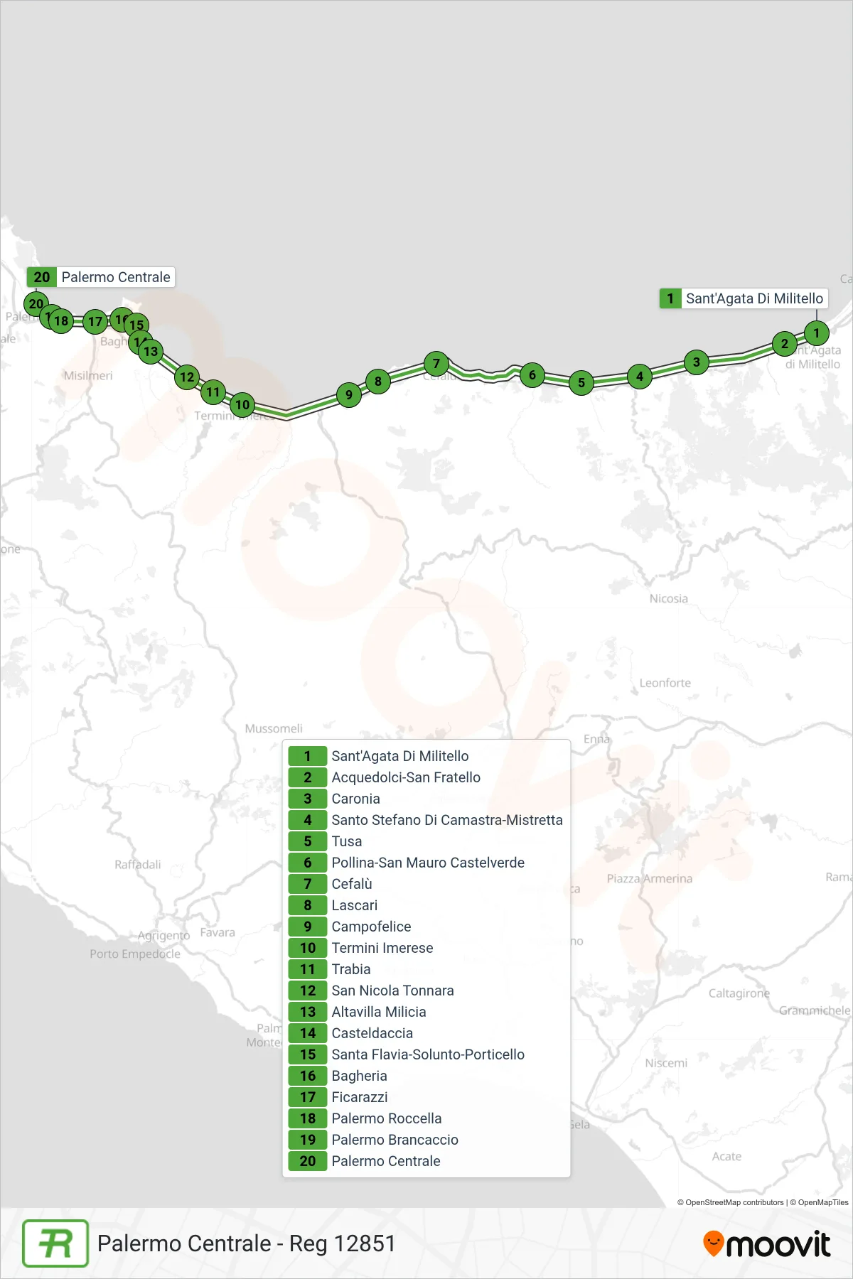 Linea REG  treno (Palermo Centrale - Reg 12851) - Percorsi e fermate sulla mappa