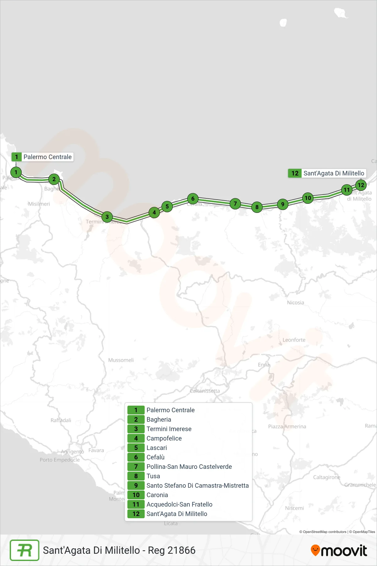 Linea REG  treno (Sant'Agata Di Militello - Reg 21866) - Percorsi e fermate sulla mappa