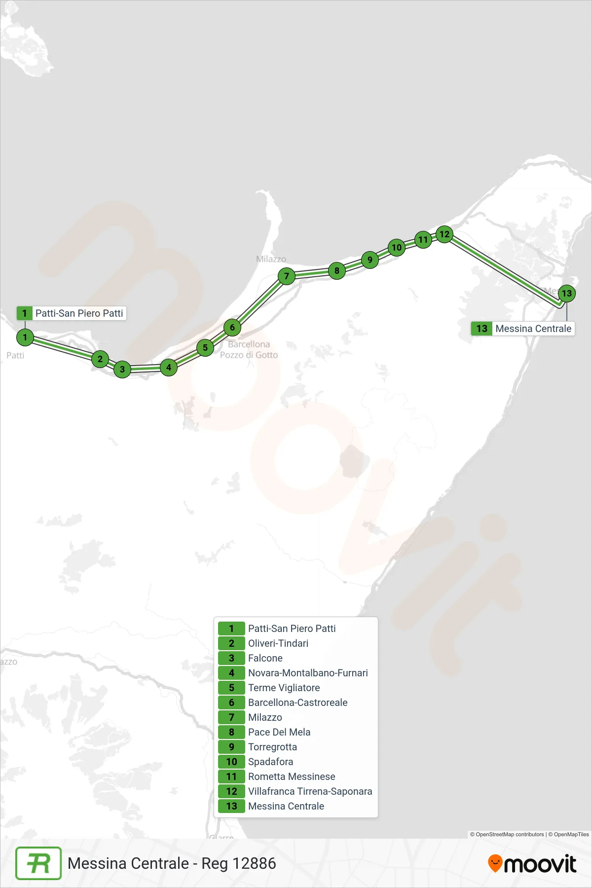 Linea REG  treno (Messina Centrale - Reg 12886) - Percorsi e fermate sulla mappa