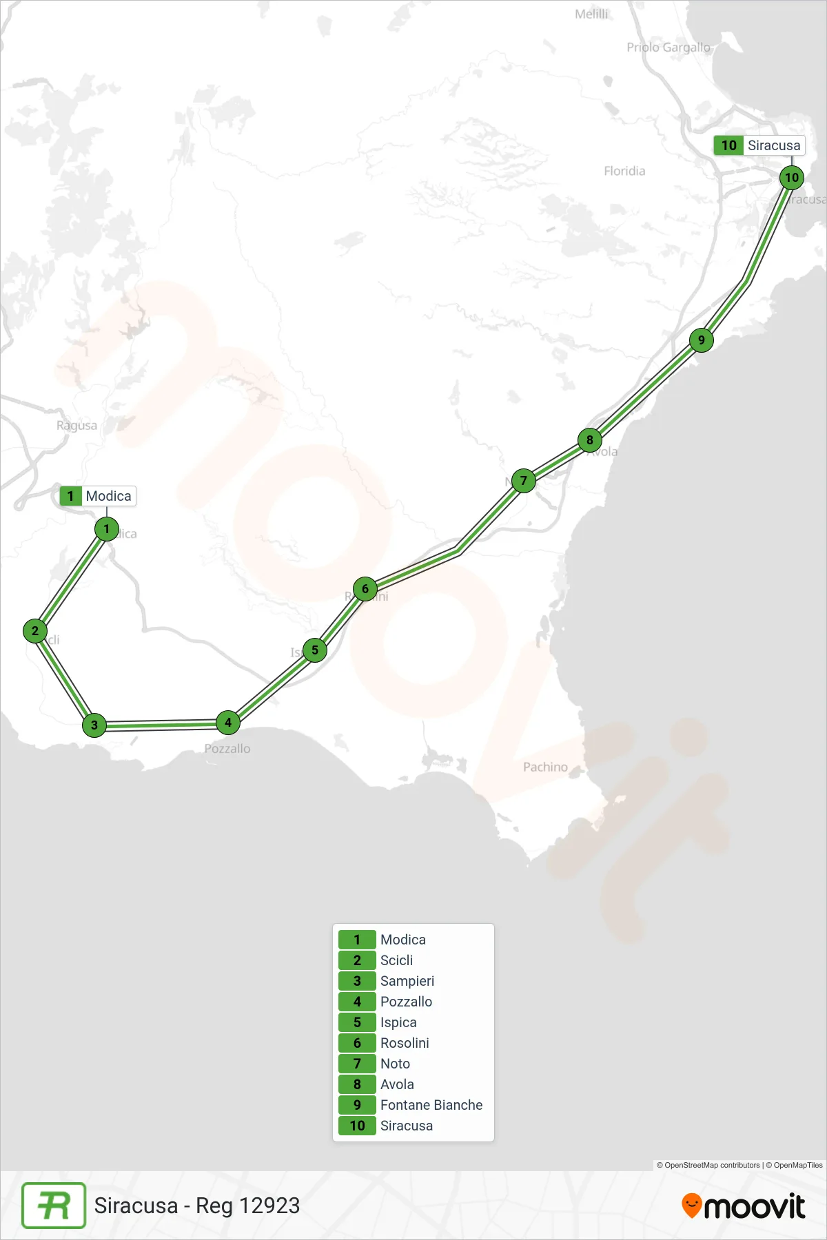 Linea REG treno (Siracusa - Reg 12923) - Percorsi e fermate sulla mappa