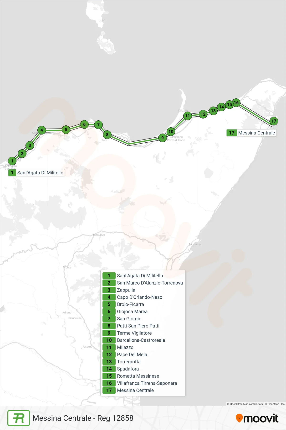 Linea REG treno (Messina Centrale - Reg 12858) - Percorsi e fermate sulla mappa