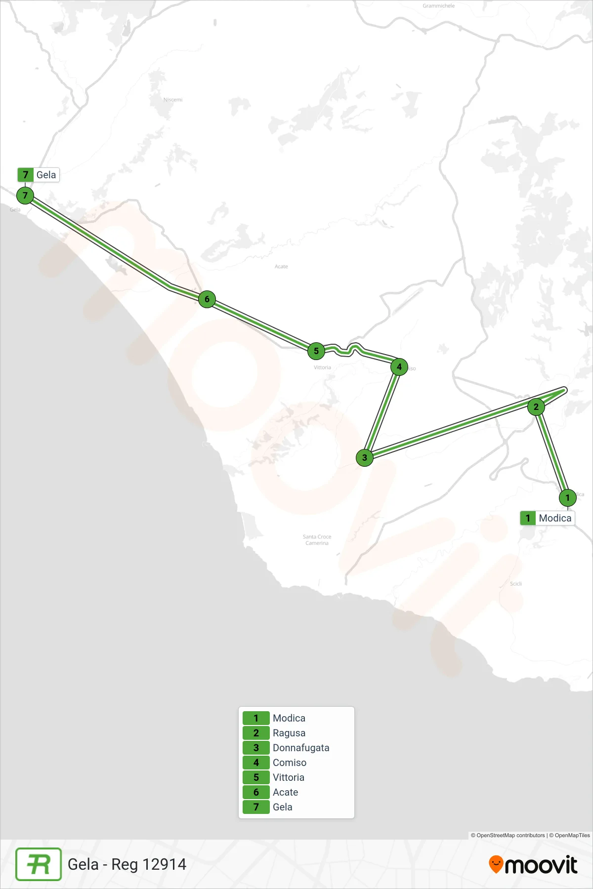 Linea REG treno (Gela - Reg 12914) - Percorsi e fermate sulla mappa