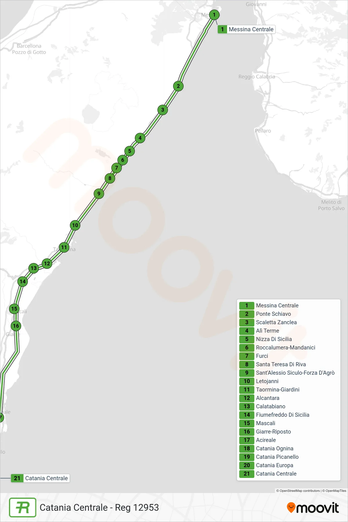 Linea REG  treno (Catania Centrale - Reg 12953) - Percorsi e fermate sulla mappa