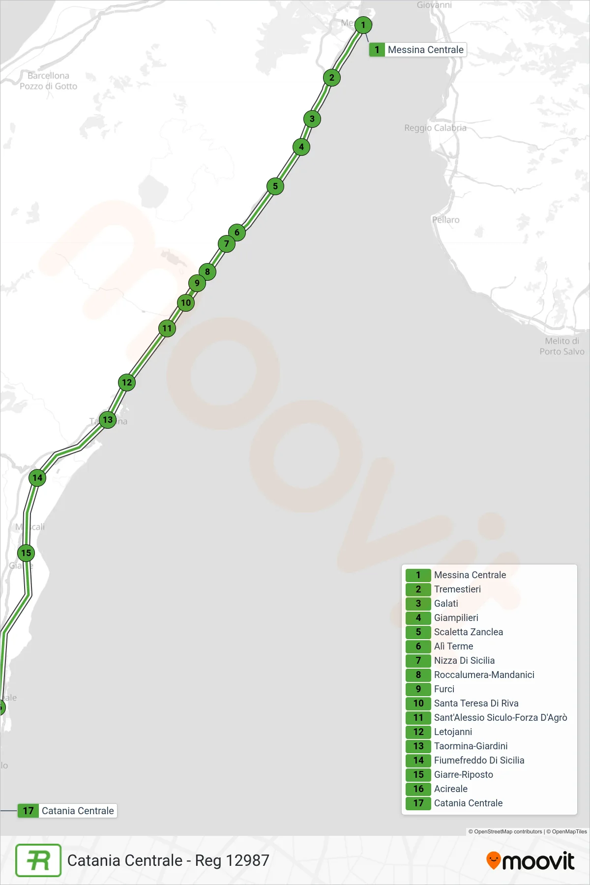 Linea REG  treno (Catania Centrale - Reg 12987) - Percorsi e fermate sulla mappa