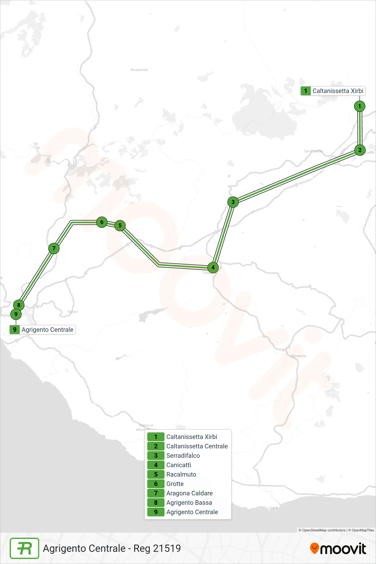 Linea REG  treno (Agrigento Centrale - Reg 21519) - Percorsi e fermate sulla mappa