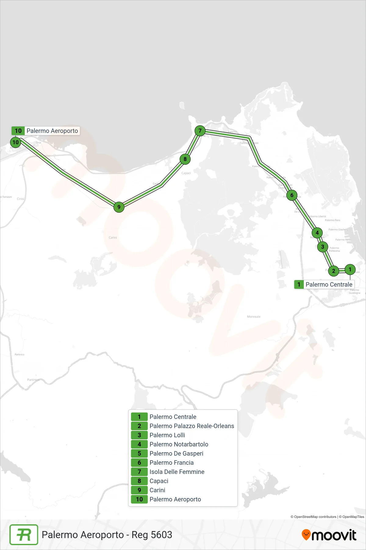 Linea REG  treno (Palermo Aeroporto - Reg 5603) - Percorsi e fermate sulla mappa