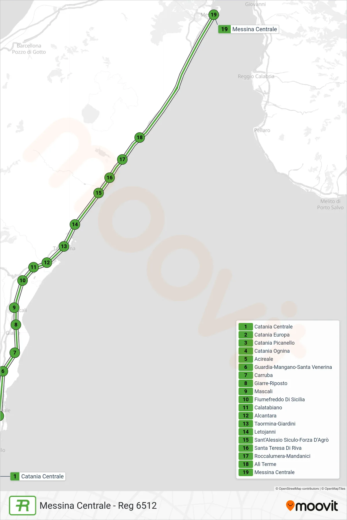 Linea REG  treno (Messina Centrale - Reg 6512) - Percorsi e fermate sulla mappa