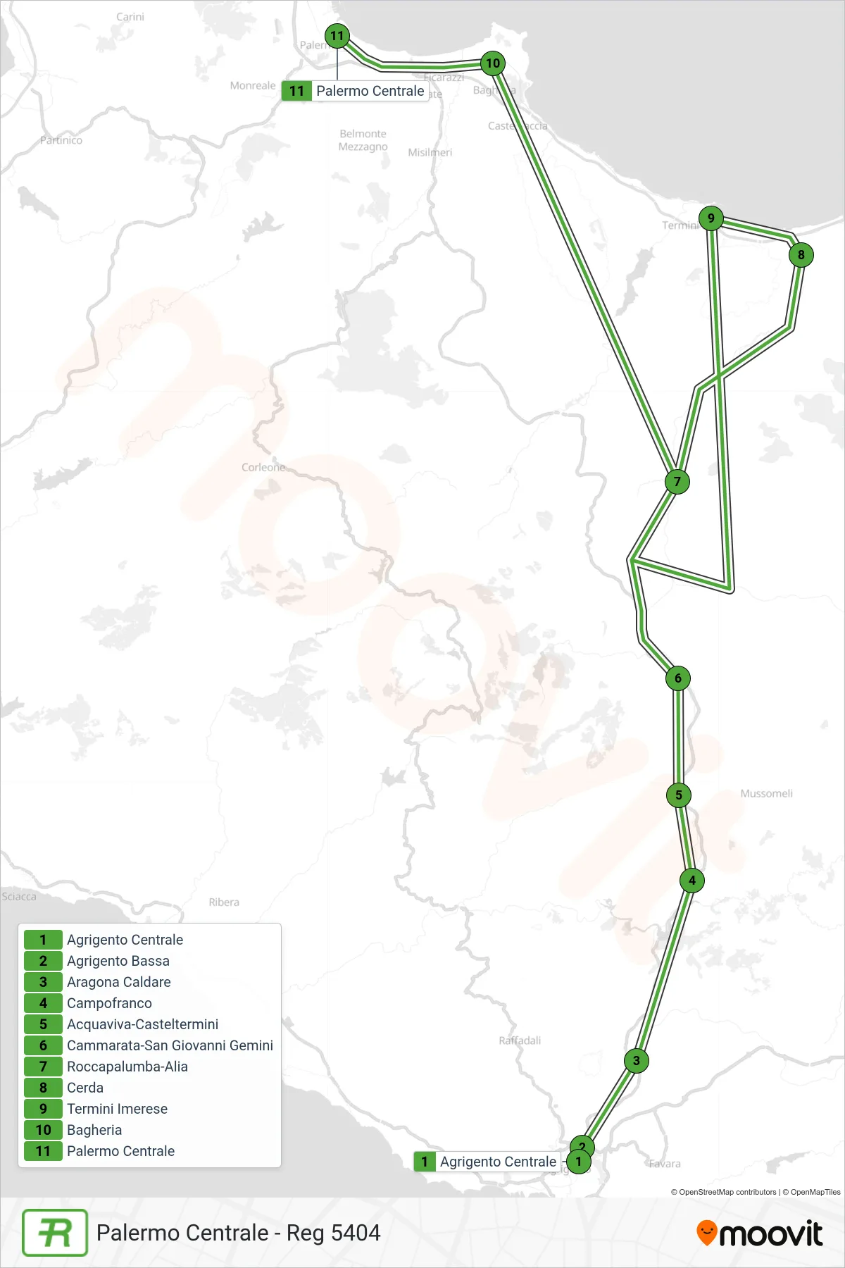 Linea REG  treno (Palermo Centrale - Reg 5404) - Percorsi e fermate sulla mappa
