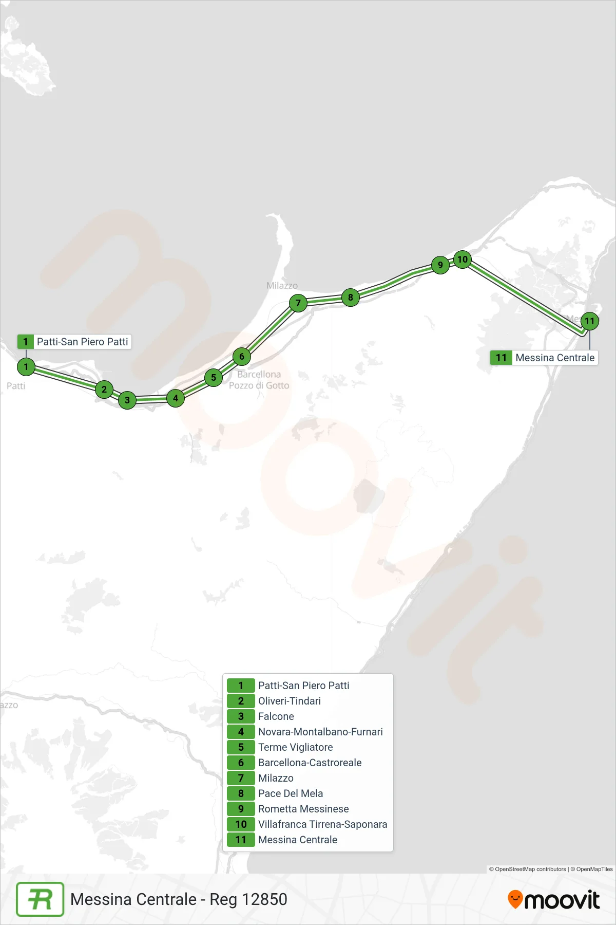 Linea REG  treno (Messina Centrale - Reg 12850) - Percorsi e fermate sulla mappa