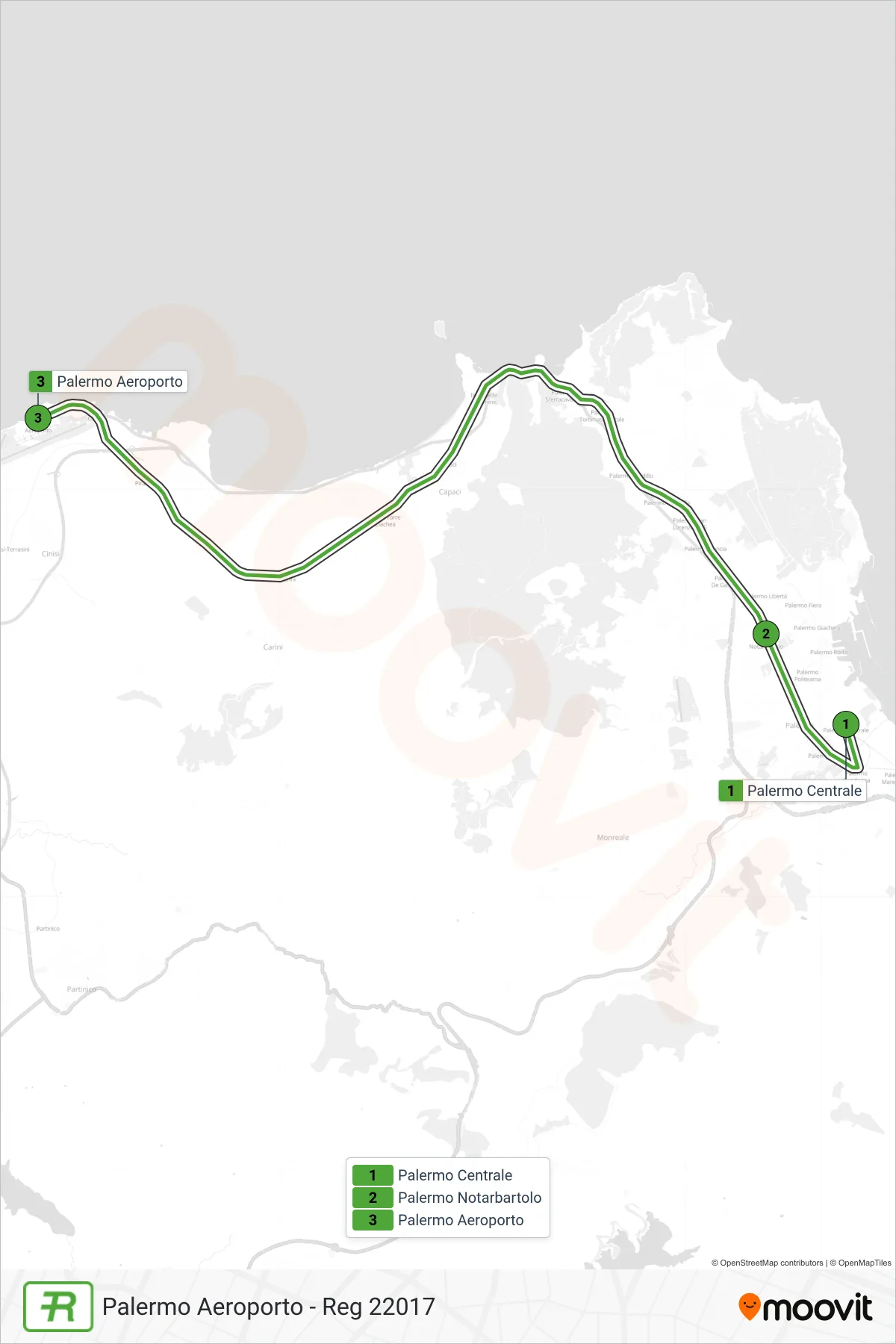Linea REG treno (Palermo Aeroporto - Reg 22017) - Percorsi e fermate sulla mappa