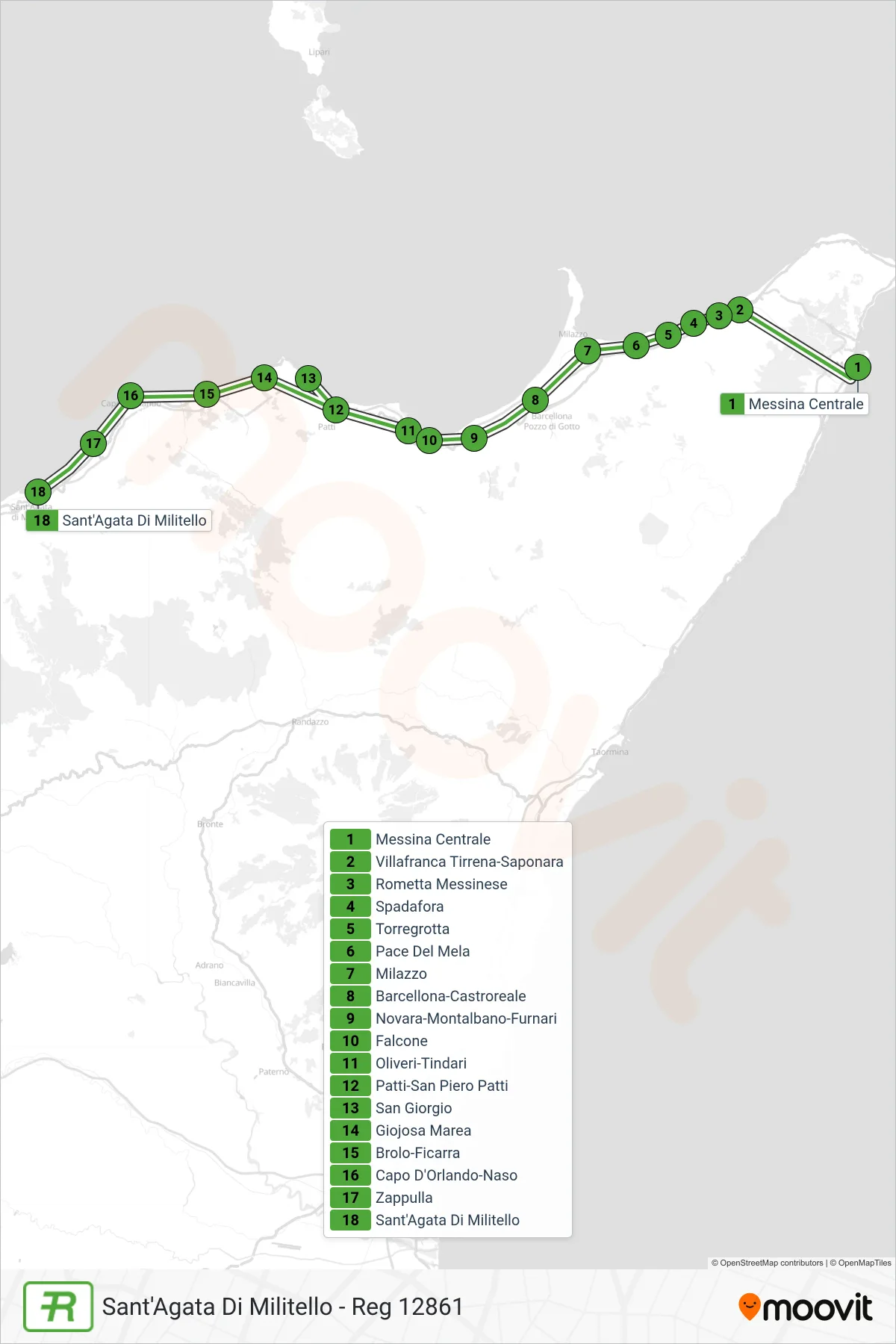 Linea REG  treno (Sant'Agata Di Militello - Reg 12861) - Percorsi e fermate sulla mappa