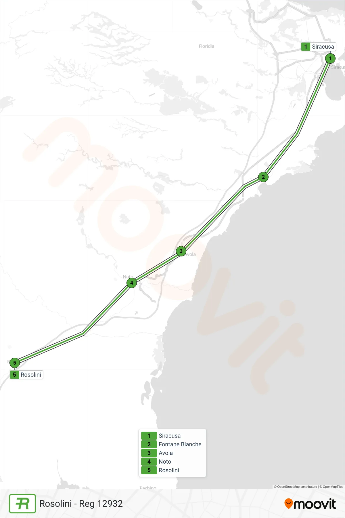 Linea REG  treno (Rosolini - Reg 12932) - Percorsi e fermate sulla mappa
