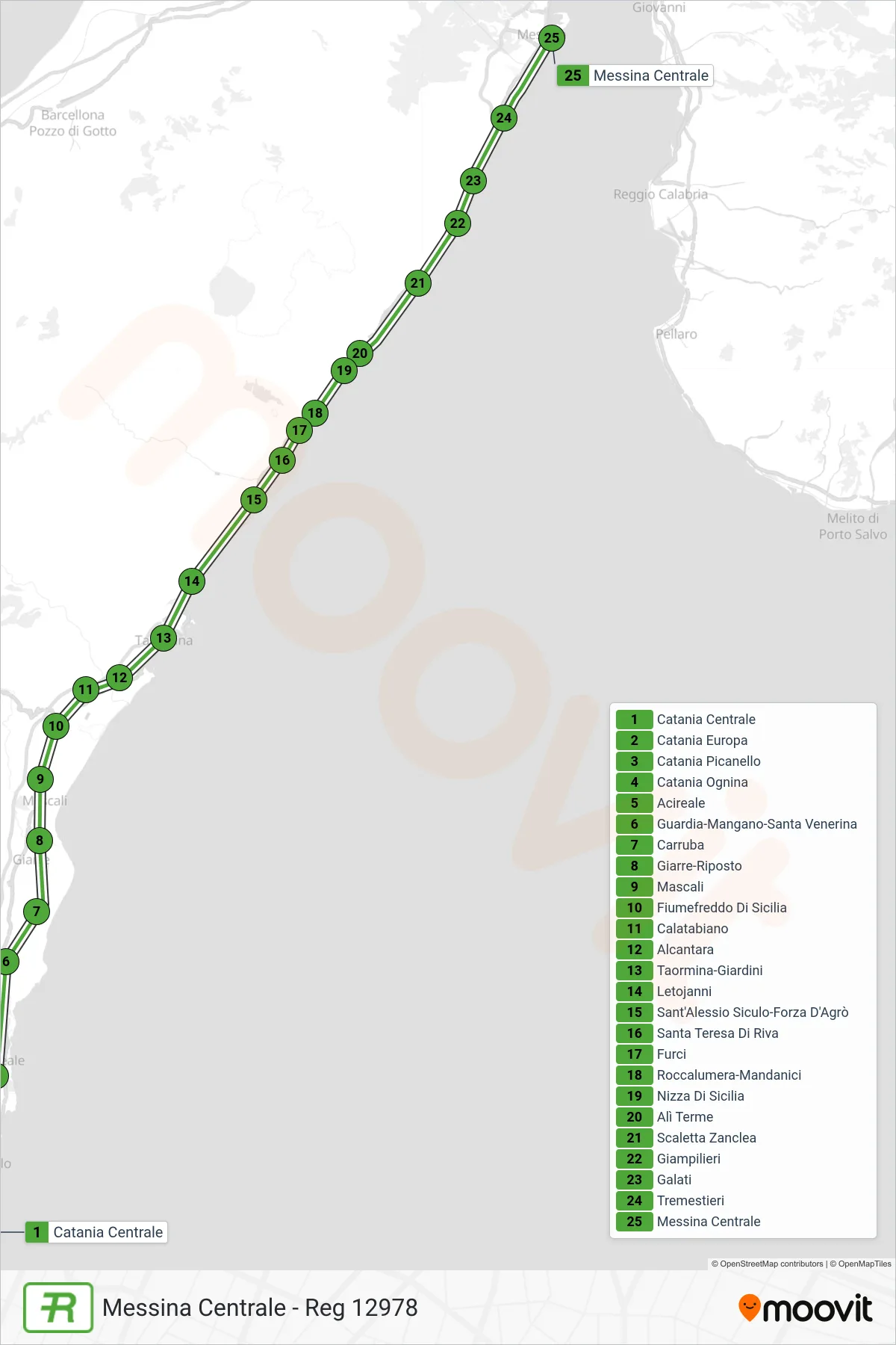 Linea REG treno (Messina Centrale - Reg 12978) - Percorsi e fermate sulla mappa