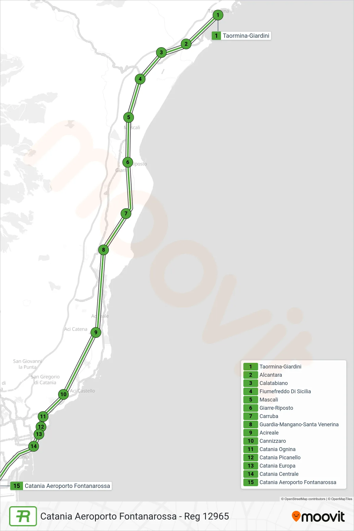 Linea REG treno (Catania Aeroporto Fontanarossa - Reg 12965) - Percorsi e fermate sulla mappa
