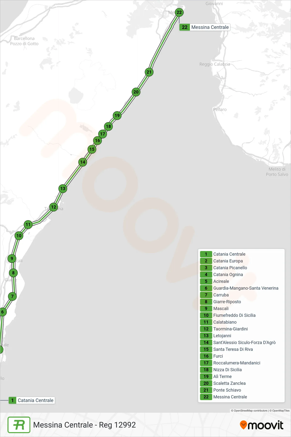 Linea REG  treno (Messina Centrale - Reg 12992) - Percorsi e fermate sulla mappa