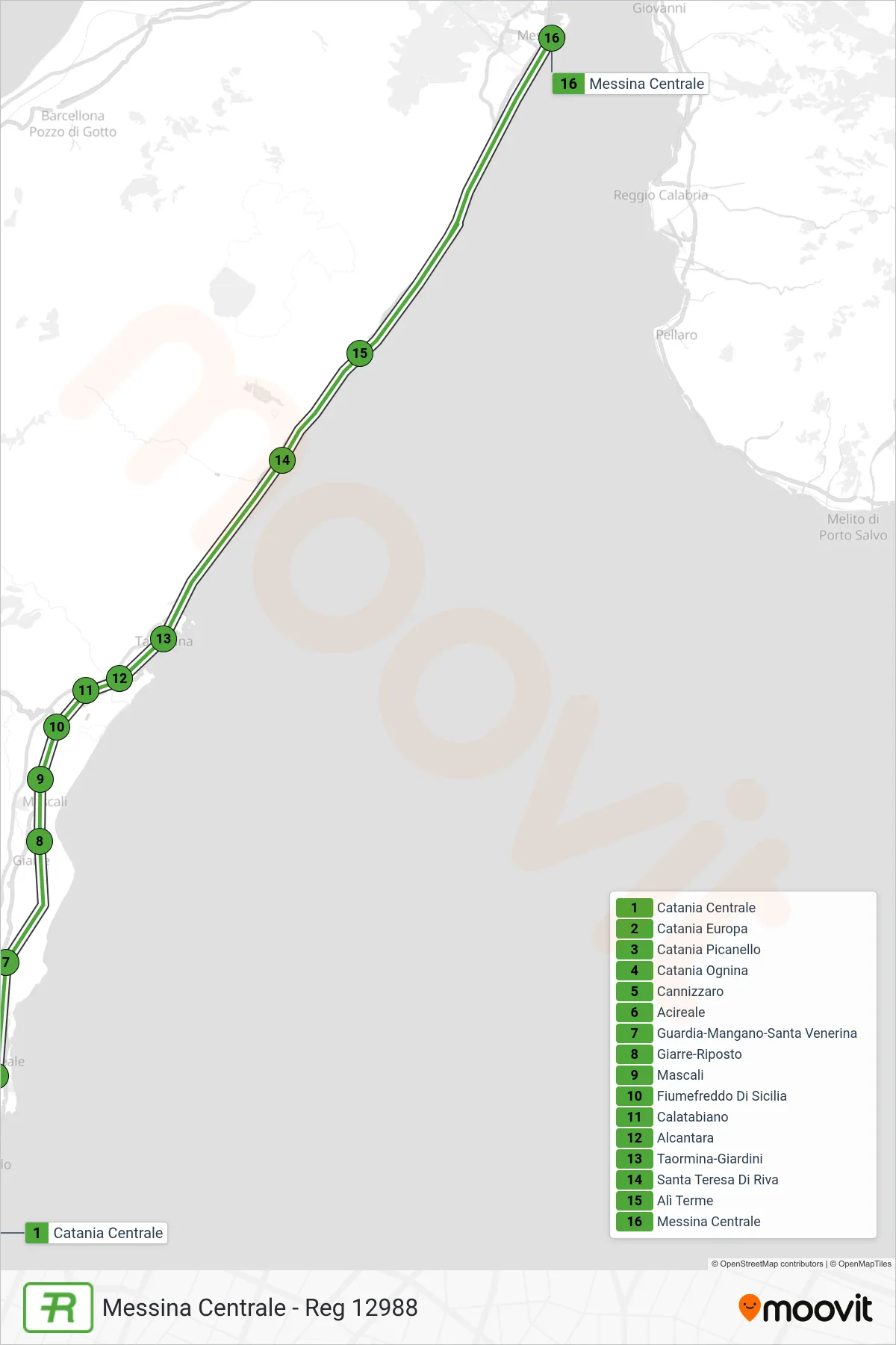 Linea REG treno (Messina Centrale - Reg 12988) - Percorsi e fermate sulla mappa