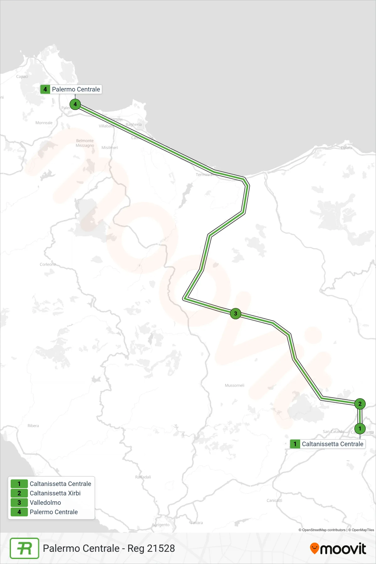 Linea REG treno (Palermo Centrale - Reg 21528) - Percorsi e fermate sulla mappa
